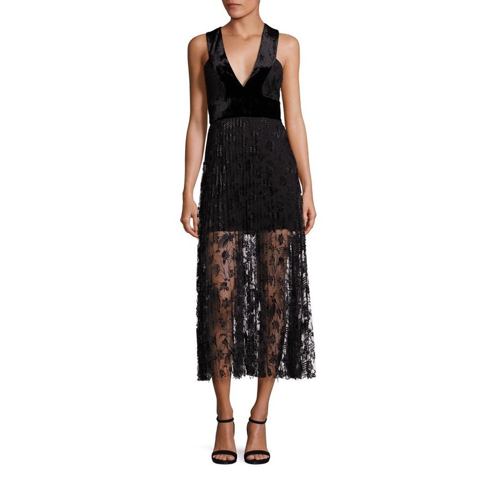 A.L.C. Lola Black Lace Velvet Trim Racerback Maxi Dress Silk Lining Sleeveless 8
